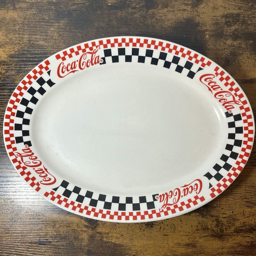 Vintage 1996 Coca Cola Gibson Oval Platter Checkerboard Dinnerware 13.5”